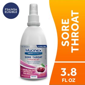 Mucinex¬Æ InstaSoothe Sore Throat + Pain Relief Sore Throat Spray. Powerful sore throat relief with soothing cherry flavor.