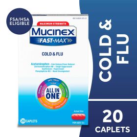 Mucinex Fast-Max Cold and Flu Medicine, OTC Cough & Sore Throat Relief, Expectorant, FSA, 20 Caplets